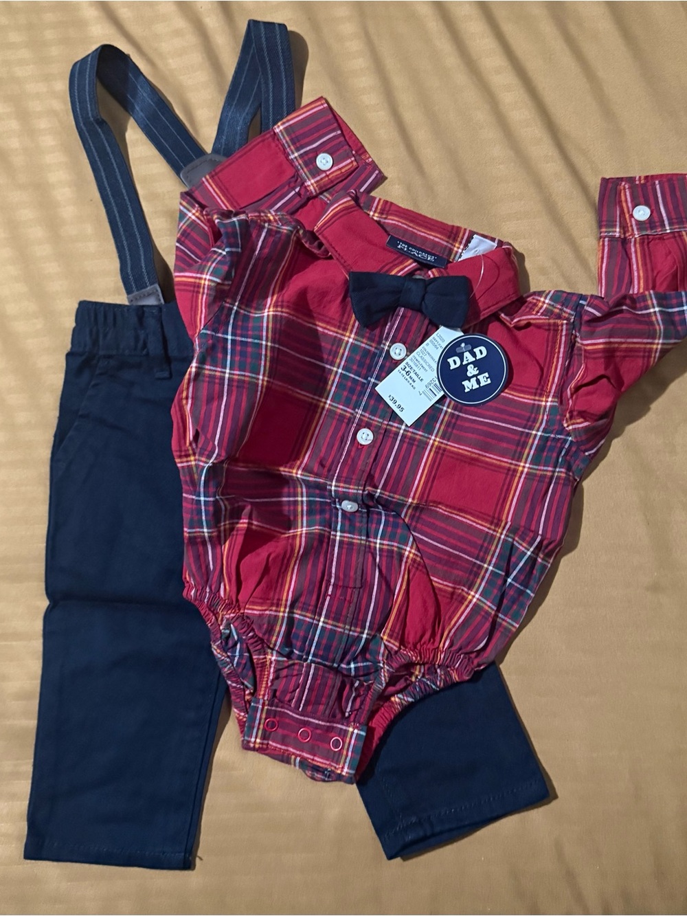 The Children's Place Red Plaid Bodysuit with Navy Pants & Bow Tie